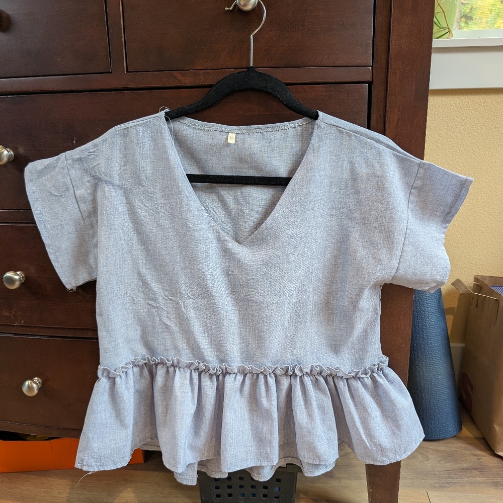 Blue Ruffle Hem V-Neck Top
